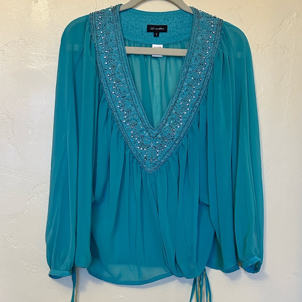 Chic Teal Embellished V-Neck Blouse